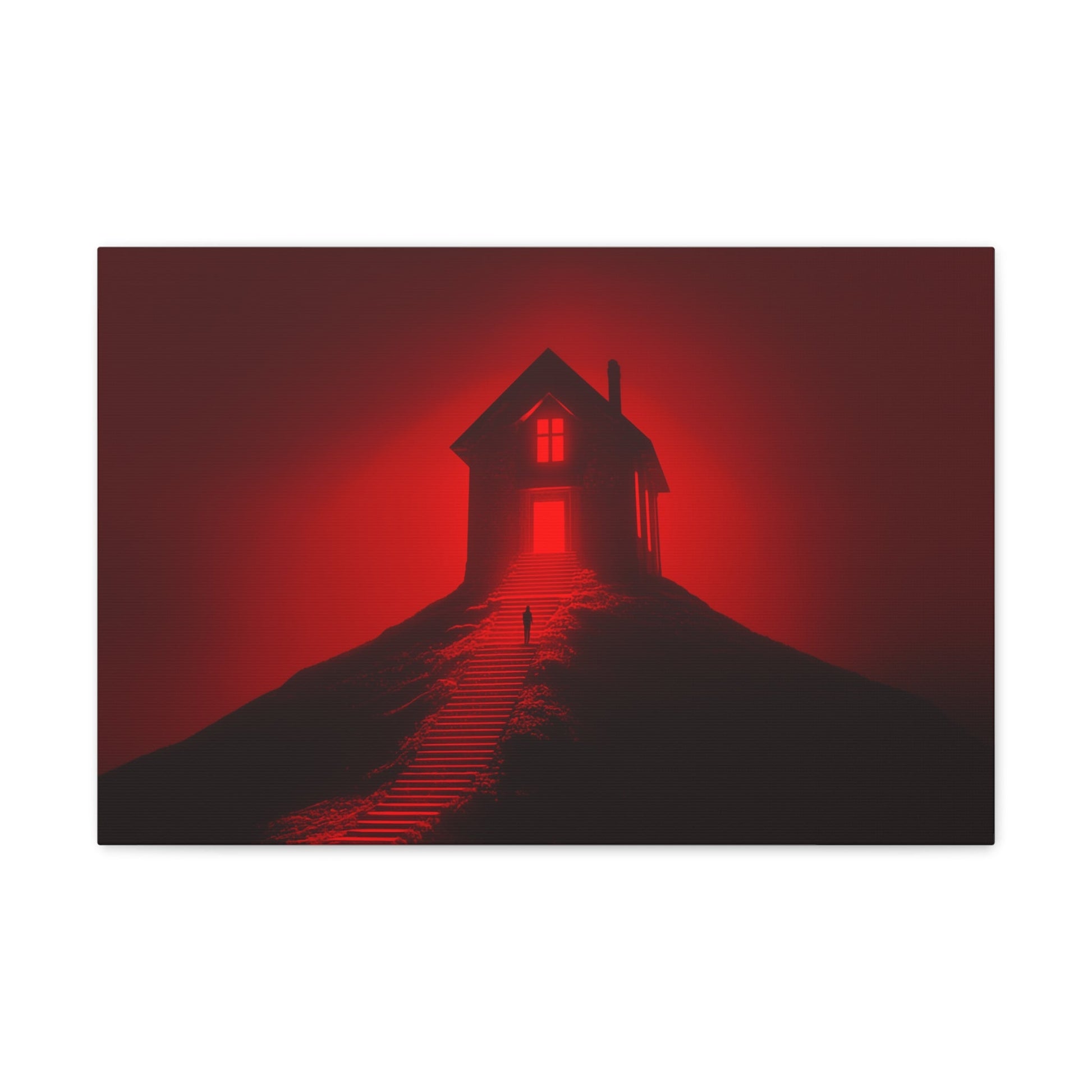 Horizontal-oriented wall art: Artwork titled Crimson Ascent from the Ruby Realms collection, featuring a glowing red house atop a hill with a solitary figure ascending a shadowed staircase. The piece creates an eerie and surreal atmosphere with its intense red glow and dramatic contrast.