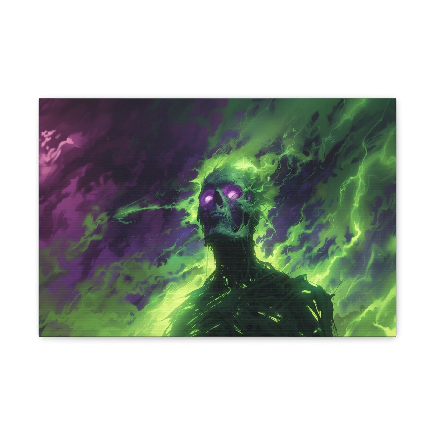 Horizontal-oriented artwork: An eerie illustration featuring a mystical lich with glowing eyes, surrounded by eldritch energies in shades of green and purple, against a dark, ominous background.