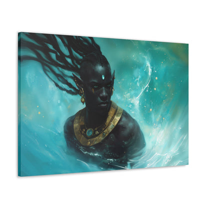 Horizontal-oriented wall art: "Obsidian Elegance II" A striking portrait of a Black elf adorned with intricate golden jewelry, surrounded by swirling, vibrant turquoise water. The composition highlights the figure's regal presence and otherworldly grace in a captivating fantasy setting.