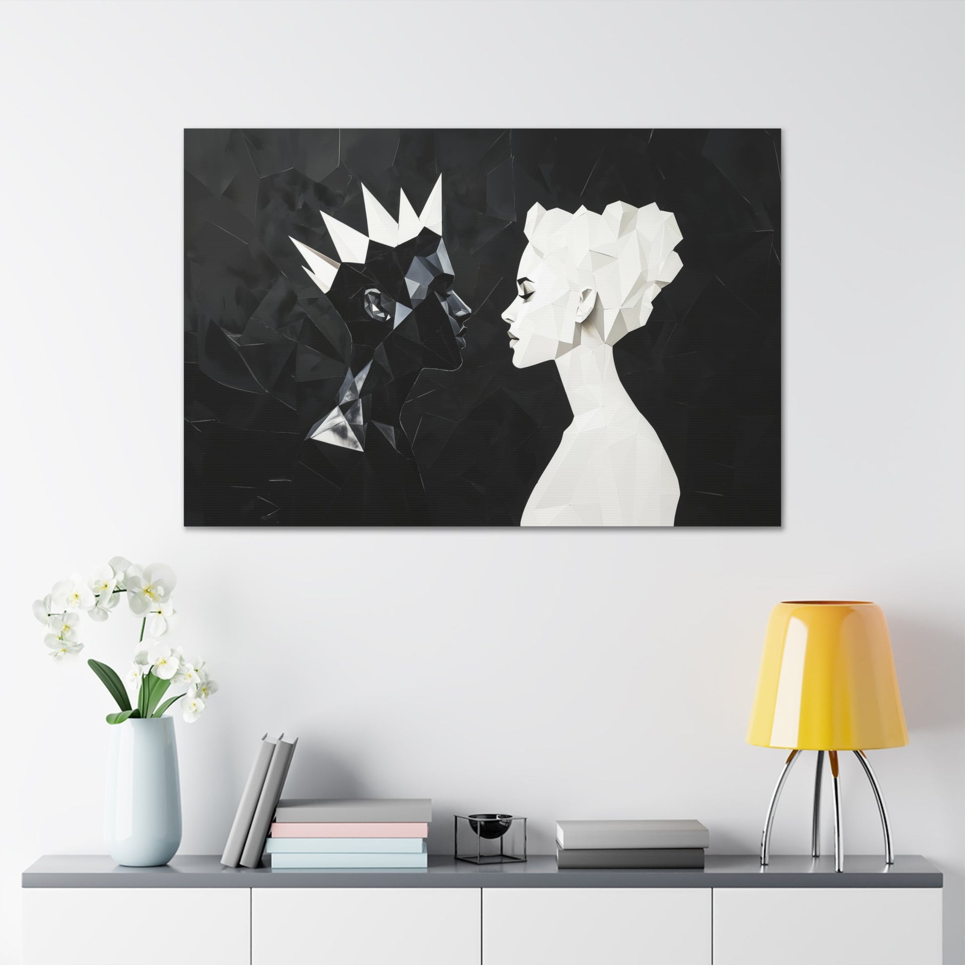 Horizontal-oriented wall art: "Kiss of Kings and Queens" A striking geometric artwork depicting an interracial couple, a Black king and a White queen, leaning in for an intimate moment, their fragmented profiles symbolizing unity and love. Bold black-and-white contrasts create a modern, abstract representation of harmony and diversity.