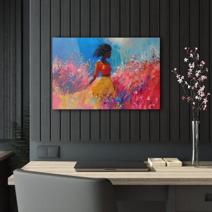 Horizontal-oriented artwork: An abstract palette knife oil painting featuring a woman walking through a colorful landscape of swirling paint splashes and vibrant hues.