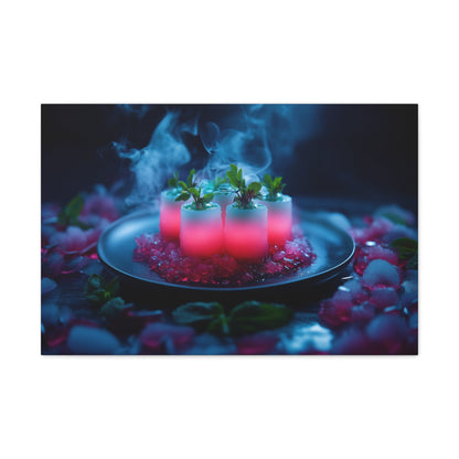 Horizontal-oriented wall art: "Xeno Cuisine." A glowing arrangement of alien meat and bioluminescent vegetables sits on an obsidian plate, surrounded by vapor and crystalline accents. The vibrant pink and cool blue tones contrast against the dark background, creating an otherworldly and surreal atmosphere.