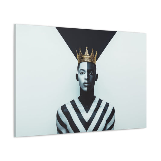 Horizontal-oriented wall art: "Crown of Dignity" A powerful portrait of a man wearing a golden crown, his face divided into bold black-and-white halves symbolizing balance and duality. The geometric background enhances the striking composition, blending regal elegance with modern precision.