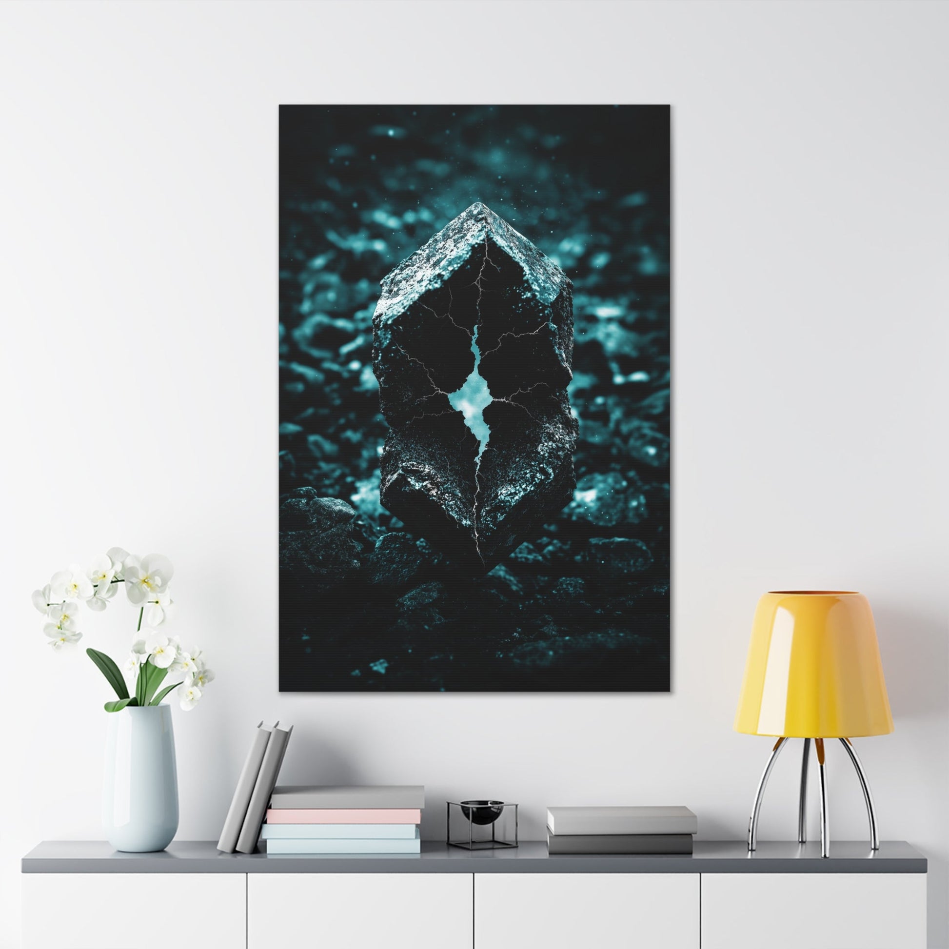 Vertical-oriented wall art: "Fractured Veil II" A glowing, fractured stone with jagged teal cracks sits amid a dark, rocky terrain, radiating an otherworldly light. The hyperreal textures and eerie illumination evoke a sense of mystery and untapped cosmic power.