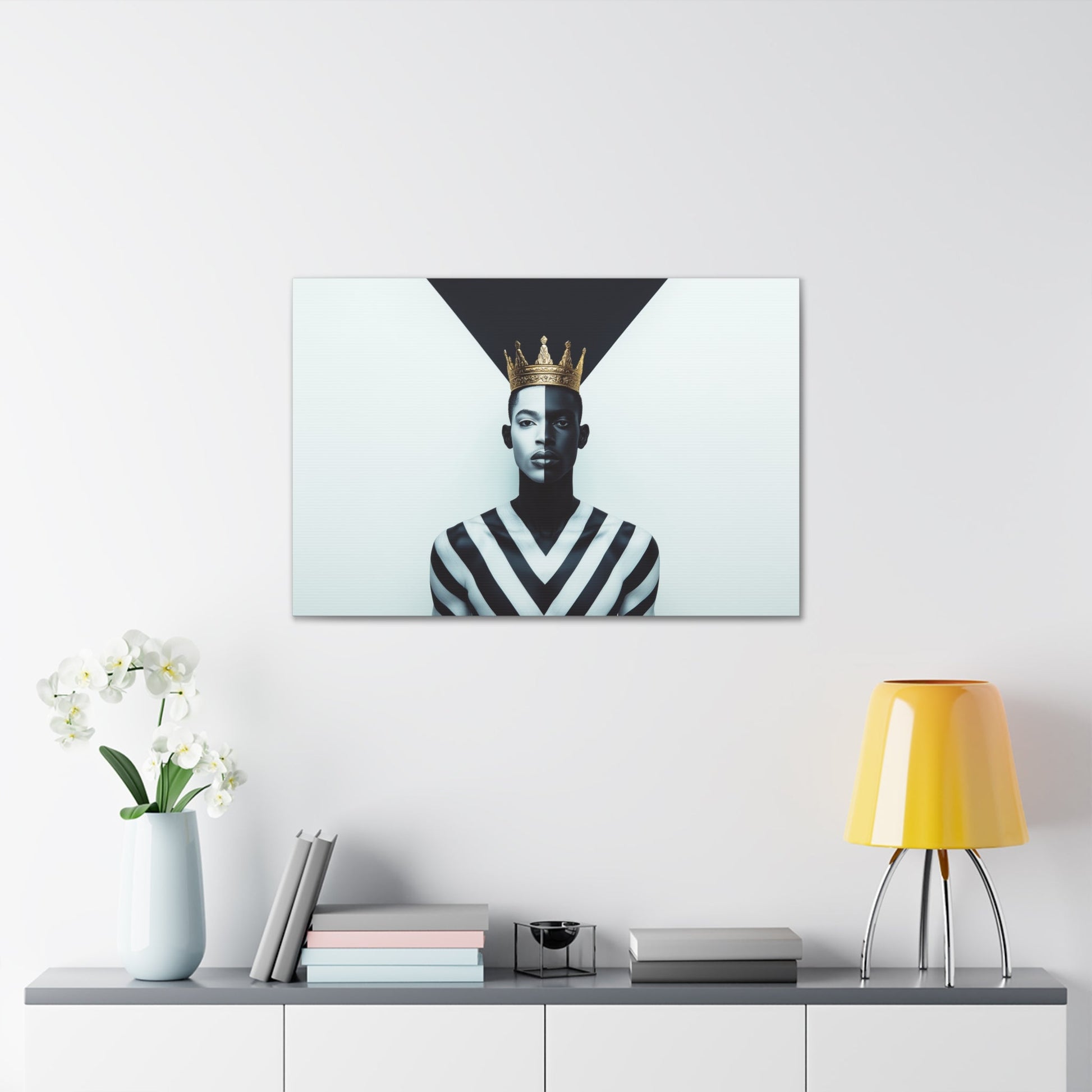 Horizontal-oriented wall art: "Crown of Dignity" A powerful portrait of a man wearing a golden crown, his face divided into bold black-and-white halves symbolizing balance and duality. The geometric background enhances the striking composition, blending regal elegance with modern precision.