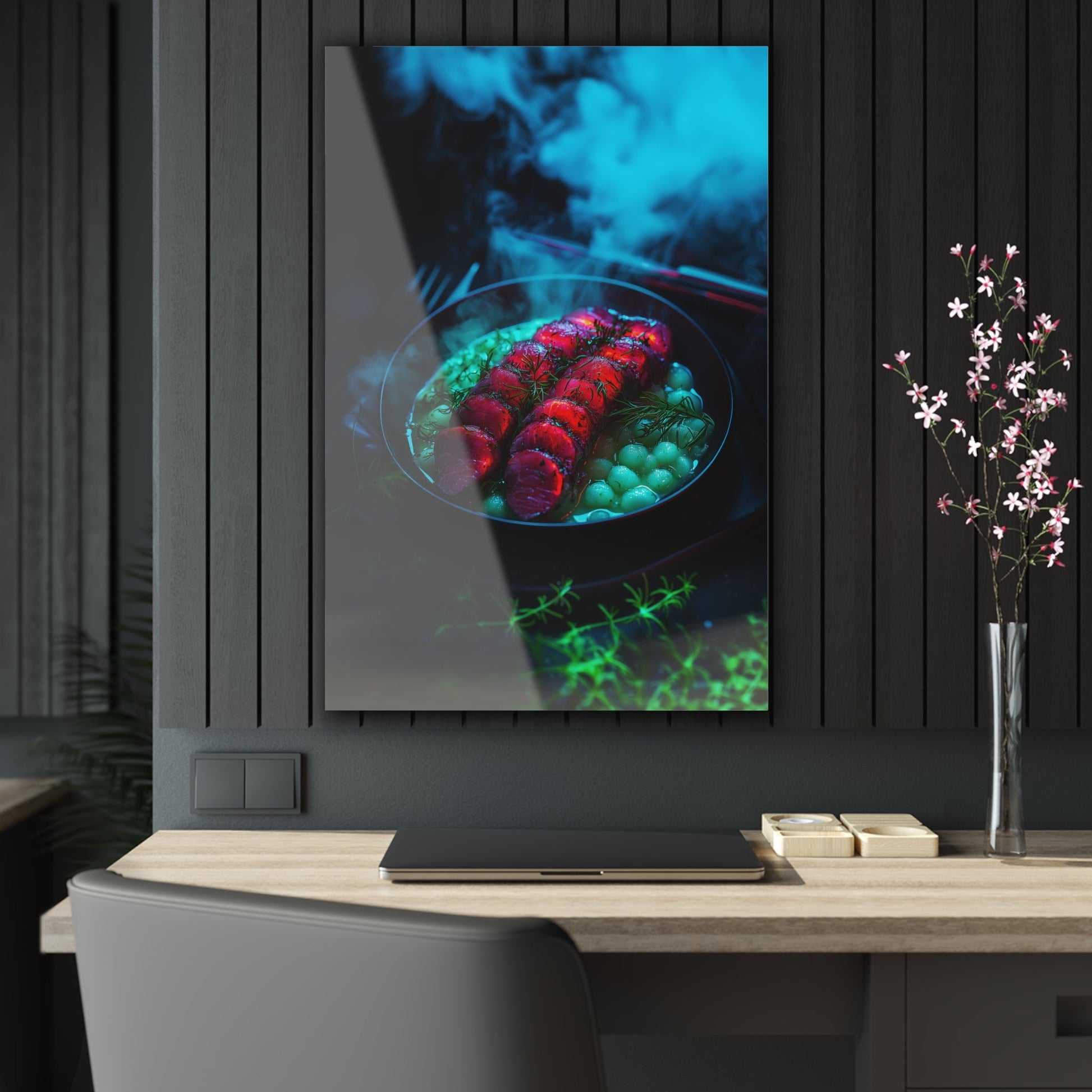 Vertical-oriented wall art: "Xeno Cuisine II." A glowing plate of vibrant red alien meat and bioluminescent green vegetables sits on a dark, misty backdrop. The surreal lighting and vivid colors evoke a futuristic, otherworldly atmosphere.