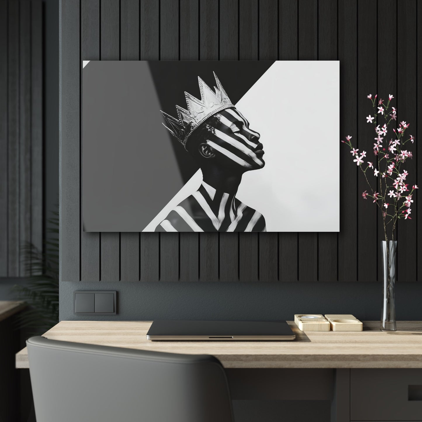 Horizontal-oriented wall art: "Crown of Dignity V" A black-and-white abstract portrait of a Black man wearing a metallic crown, his face and body adorned with bold, geometric stripes. The striking contrast and minimalist design emphasize his regal presence and dignified expression against a stark background.