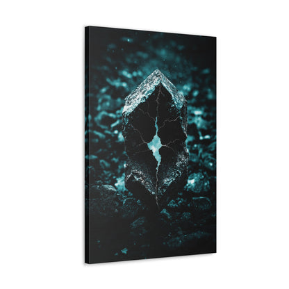 Vertical-oriented wall art: "Fractured Veil II" A glowing, fractured stone with jagged teal cracks sits amid a dark, rocky terrain, radiating an otherworldly light. The hyperreal textures and eerie illumination evoke a sense of mystery and untapped cosmic power.