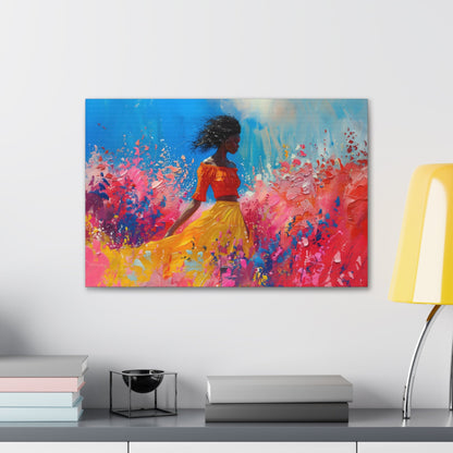 Horizontal-oriented artwork: An abstract palette knife oil painting featuring a woman walking through a colorful landscape of swirling paint splashes and vibrant hues.