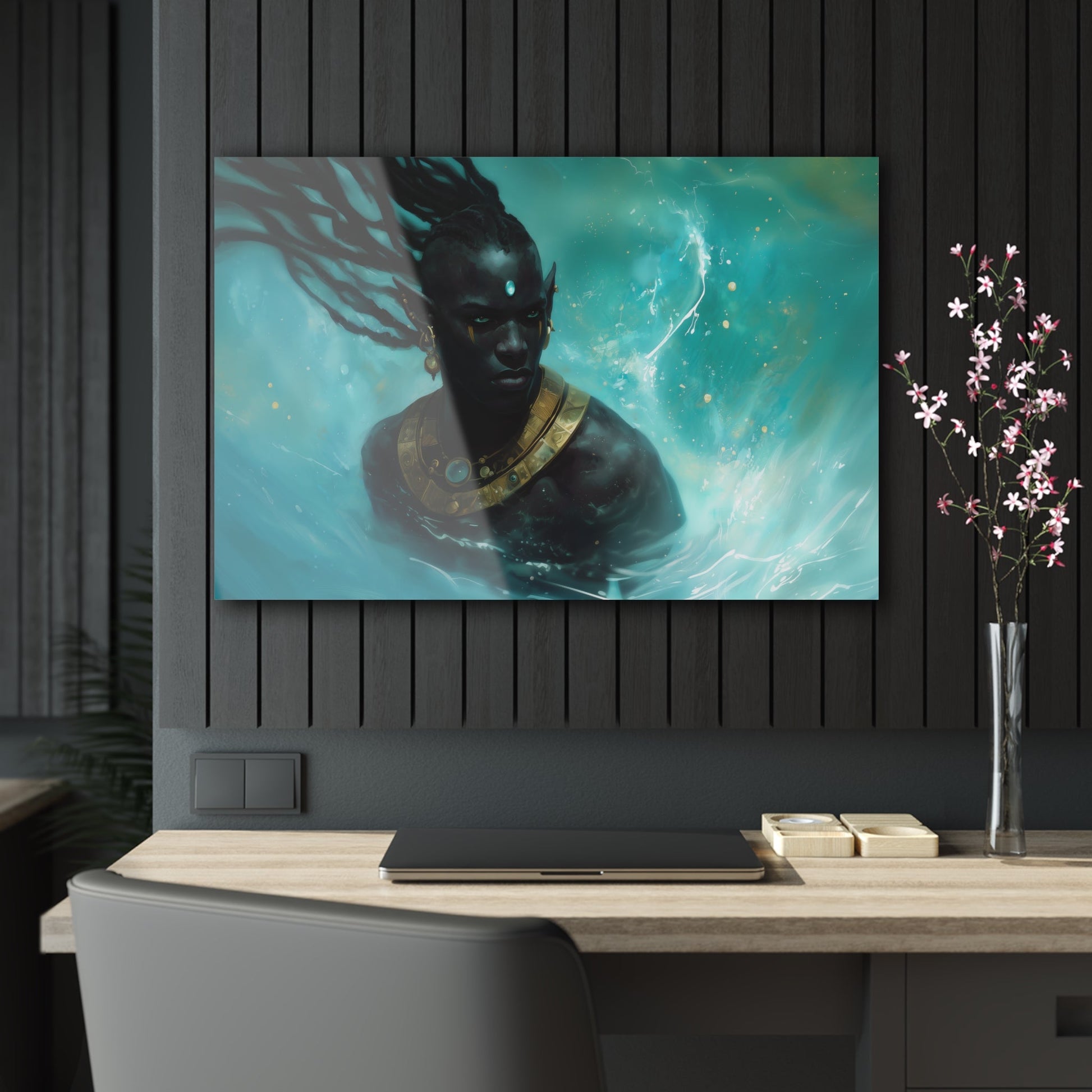 Horizontal-oriented wall art: "Obsidian Elegance II" A striking portrait of a Black elf adorned with intricate golden jewelry, surrounded by swirling, vibrant turquoise water. The composition highlights the figure's regal presence and otherworldly grace in a captivating fantasy setting.