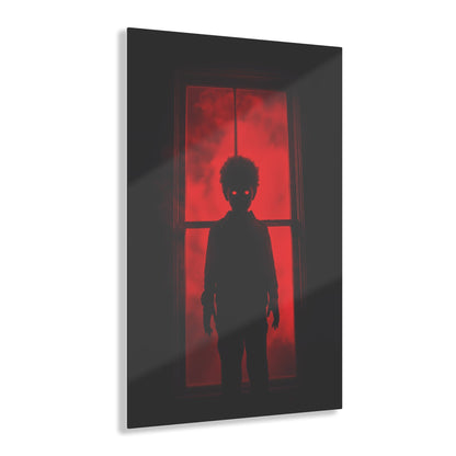 Vertical-oriented wall art: "Shadows in the Mist II." A shadowy child-like figure with glowing red eyes stands against a crimson-illuminated window, shrouded in red mist and black silhouettes, evoking an eerie and supernatural atmosphere.