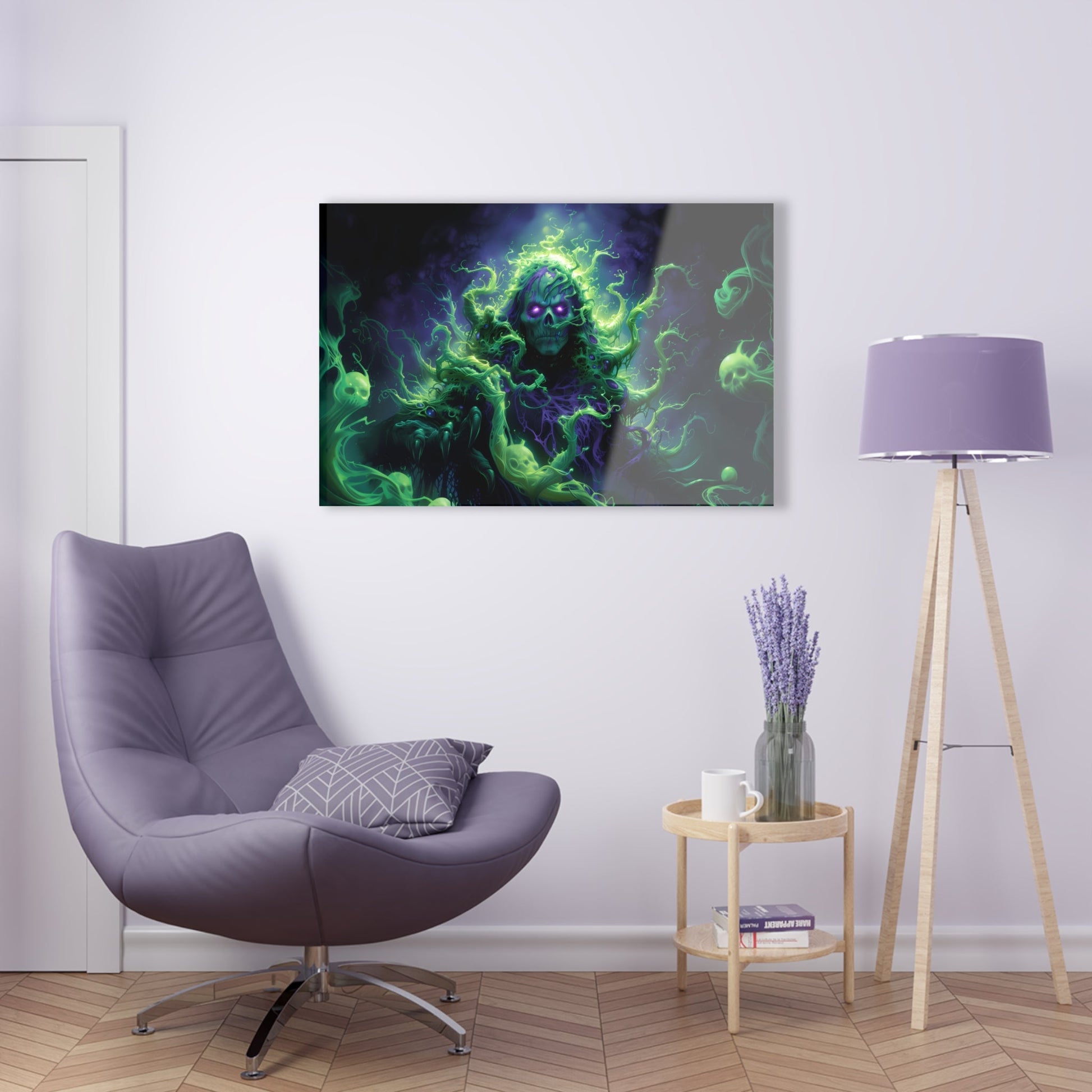 Horizontal-oriented artwork: An eerie illustration featuring a mystical lich with glowing eyes, surrounded by eldritch energies in shades of green and purple, against a dark, ominous background.