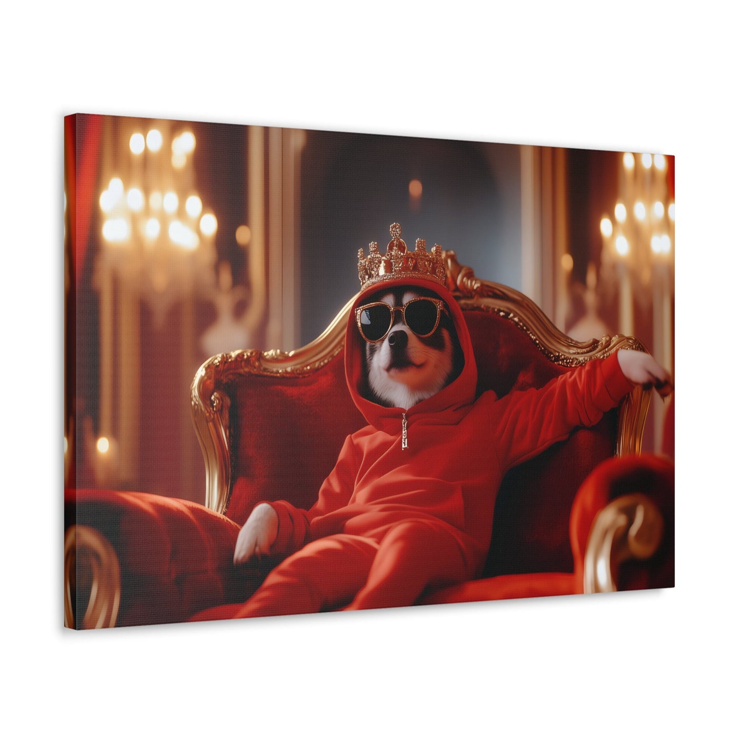 Horizontal-oriented wall art: "Crowned Companion III" A stylish dog lounges on a golden throne, wearing a crown, sunglasses, and a red hoodie in a luxurious royal setting. This playful artwork combines elegance and humor, portraying the pet as a modern ruler with personality.