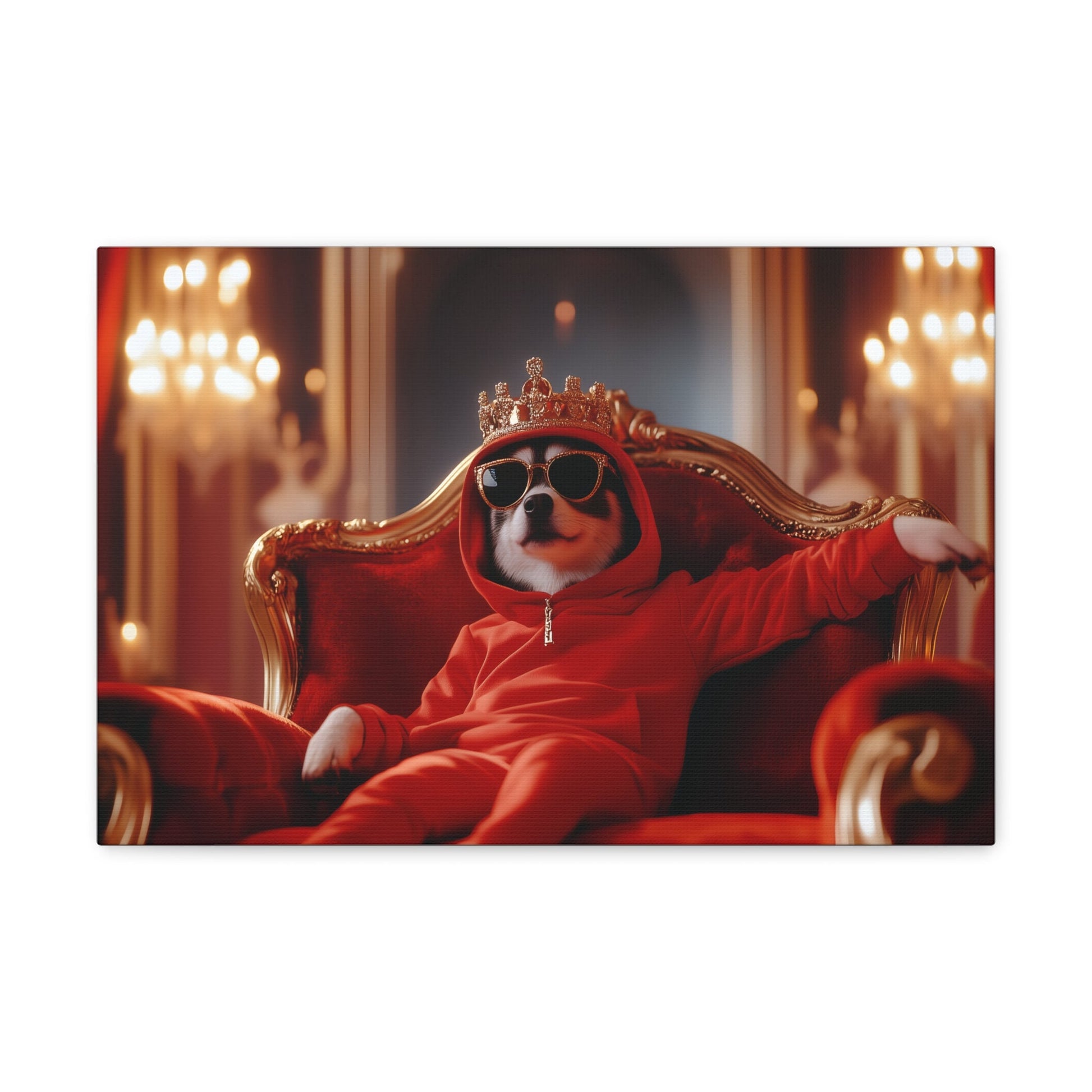 Horizontal-oriented wall art: "Crowned Companion III" A stylish dog lounges on a golden throne, wearing a crown, sunglasses, and a red hoodie in a luxurious royal setting. This playful artwork combines elegance and humor, portraying the pet as a modern ruler with personality.