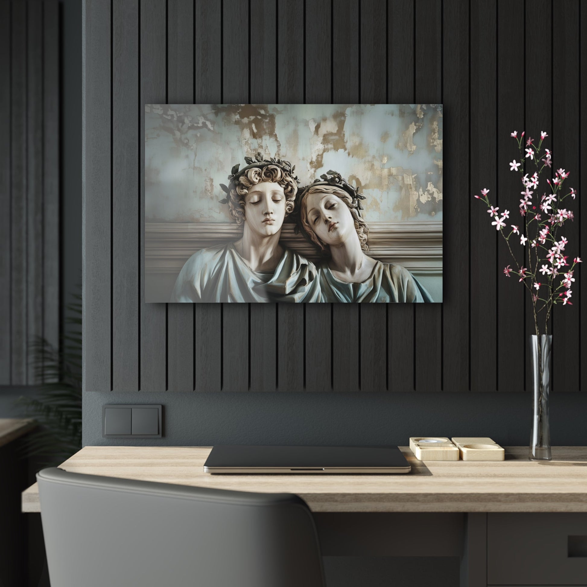 Horizontal-oriented wall art: "Tranquil Companions" Two classical statues, rest their heads against each other with eyes closed, evoking a serene sense of companionship. The weathered background with soft pastel tones and hints of gold adds to the tranquil, nostalgic ambiance of the artwork.