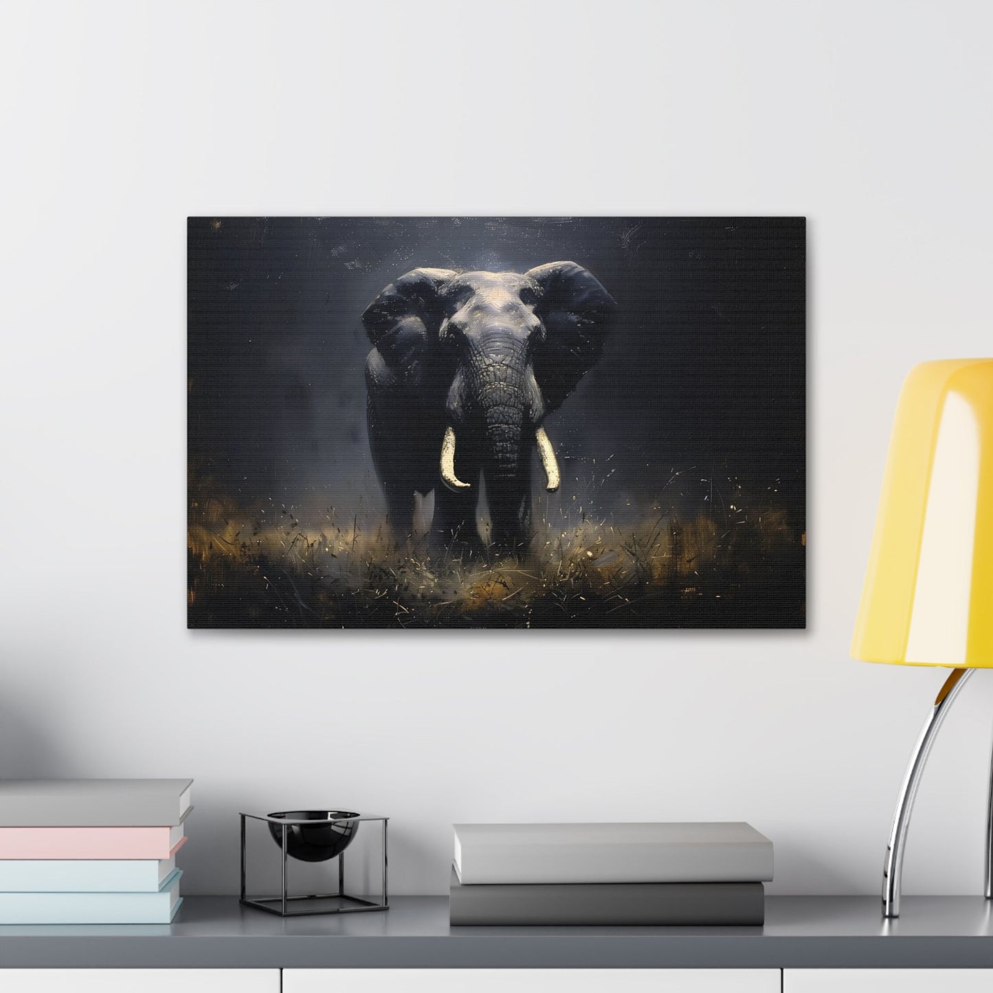 Horizontal-oriented wall art: Elephant's Shadow from the Darklight Bestiary collection depicts a majestic elephant inspired by Chiaroscuro painting technique. The interplay of light and shadow highlights the elephant's powerful form, creating a dramatic and captivating visual experience.