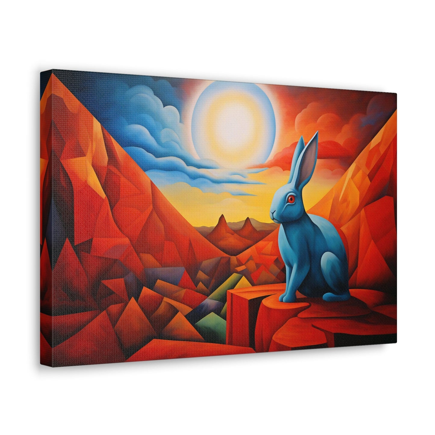 Horizontal-oriented wall art: "Vortic Hare III" features a vibrant blue rabbit sitting calmly on angular red rocks in a surreal, geometric landscape with a glowing sun in the background. The bold contrast of vivid blue, red, and orange tones evokes a dynamic fusion of Vorticism, Cubism, and Surrealism.