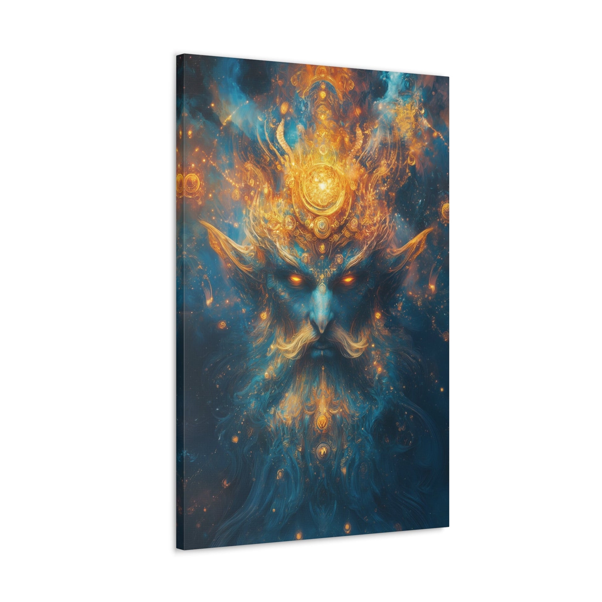 Vertical-oriented wall art "Celestial Djinn II" A cosmic djinn with glowing eyes and intricate golden patterns emerges from a swirl of azure and gold energy. This mystical artwork captures the celestial power and ancient wisdom of a divine being.