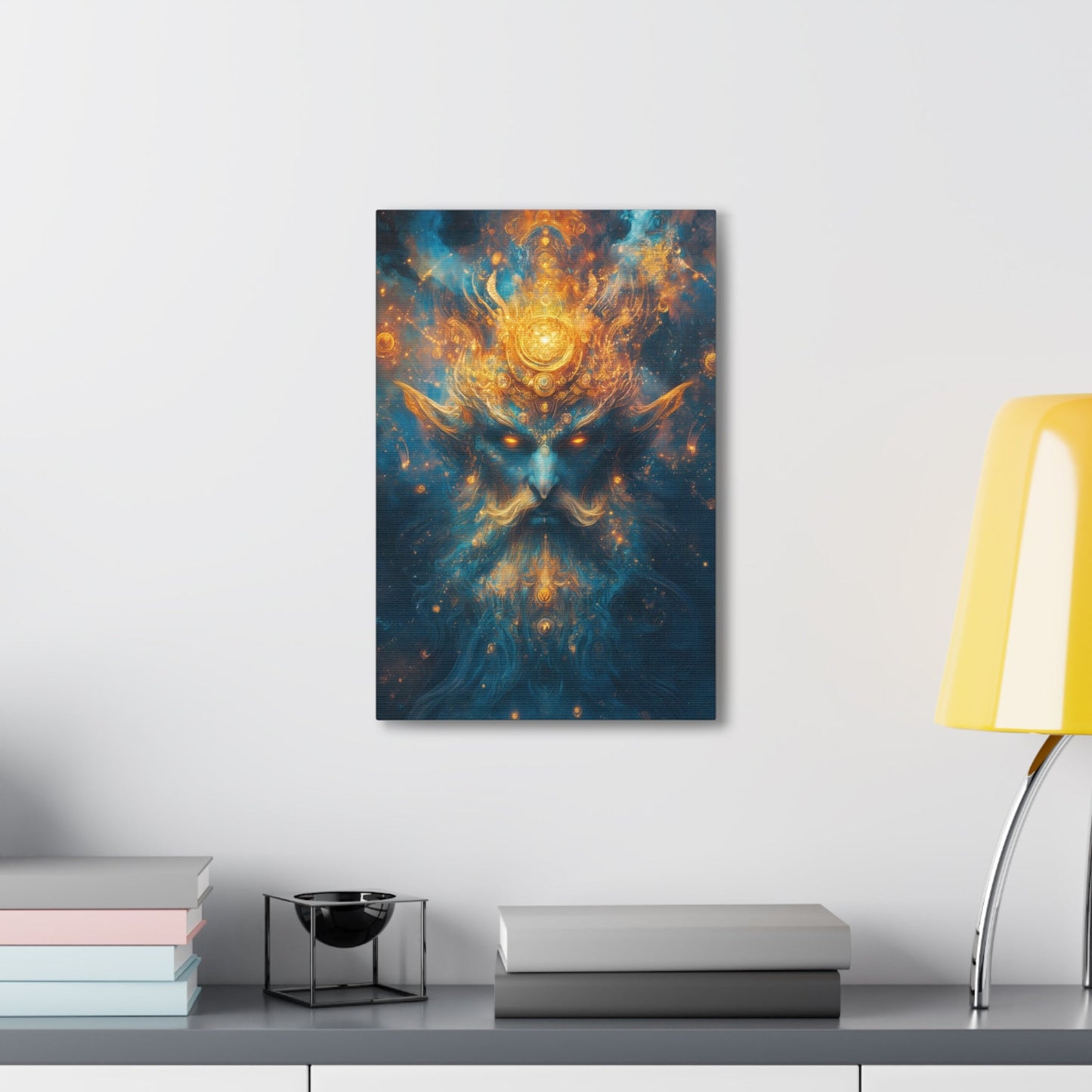 Vertical-oriented wall art "Celestial Djinn II" A cosmic djinn with glowing eyes and intricate golden patterns emerges from a swirl of azure and gold energy. This mystical artwork captures the celestial power and ancient wisdom of a divine being.