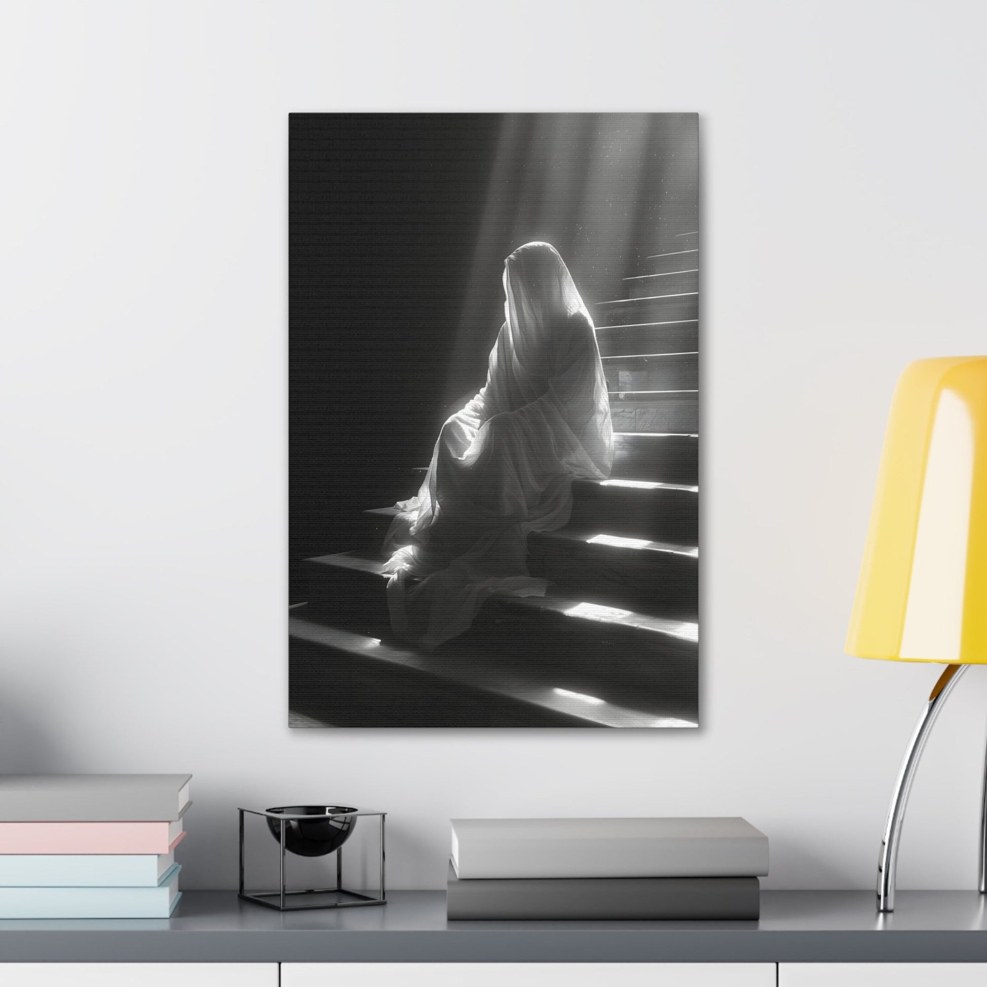 Vertical-oriented wall art: An eerie depiction of a ghostly apparition, its translucent form sitting on stairs, surrounded by a soft, ethereal glow.