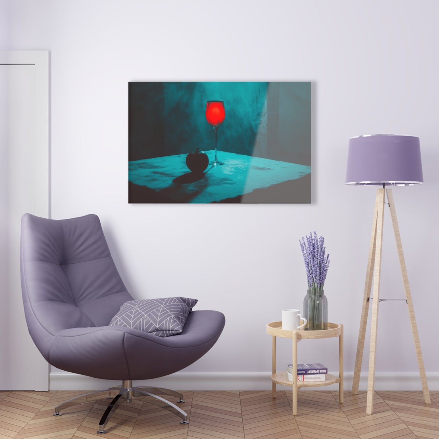 Horizontal-oriented wall art: "Eden’s Reflection" A glowing crimson wine glass and a shadowed black apple rest on a textured table, surrounded by a misty teal atmosphere. This gothic still-life composition captures an air of mystery and temptation with its striking interplay of light and shadow.