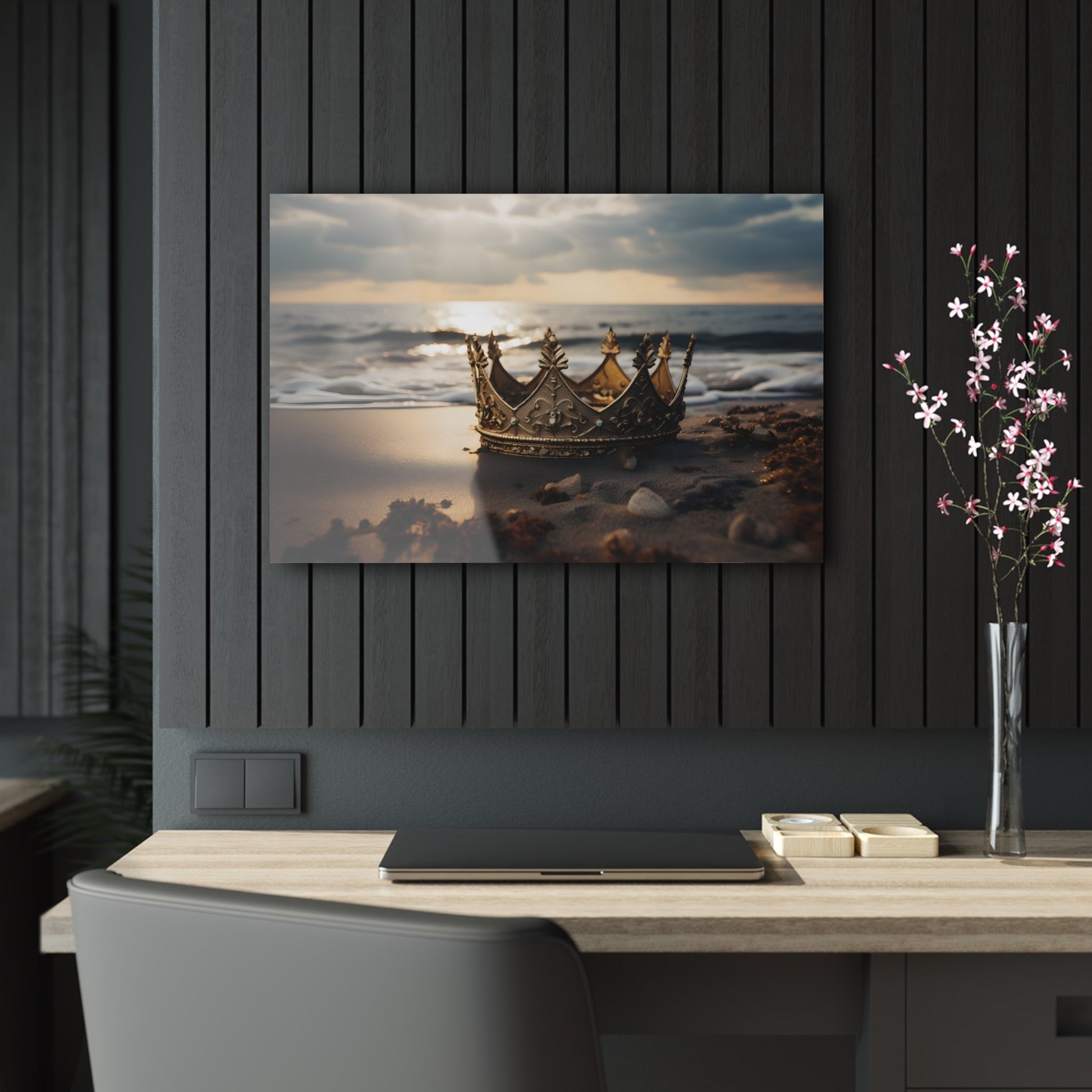 Horizontal-oriented wall art: "Find Your Crown" A golden crown rests gracefully on a sandy shore, illuminated by the warm glow of a sunset over gentle ocean waves. This evocative scene symbolizes self-discovery and the pursuit of inner majesty.