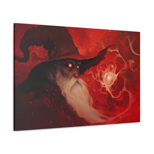 Horizontal-oriented wall art: "The Wizard's Veil III" Fantasy artwork titled The Wizard's Veil III from the Veil of Wonders collection, featuring a wizard with glowing red eyes conjuring a swirling magical orb. Set against a fiery red and orange backdrop, the piece captures the intensity and mysticism of high fantasy.