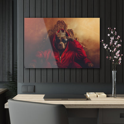 Horizontal-oriented wall art: "Crowned Companion" A regal dog sits on an ornate golden throne wearing a crown, sunglasses, and a red hoodie, exuding confidence and charm. This playful artwork combines luxury with a modern twist, celebrating the noble spirit of pets.