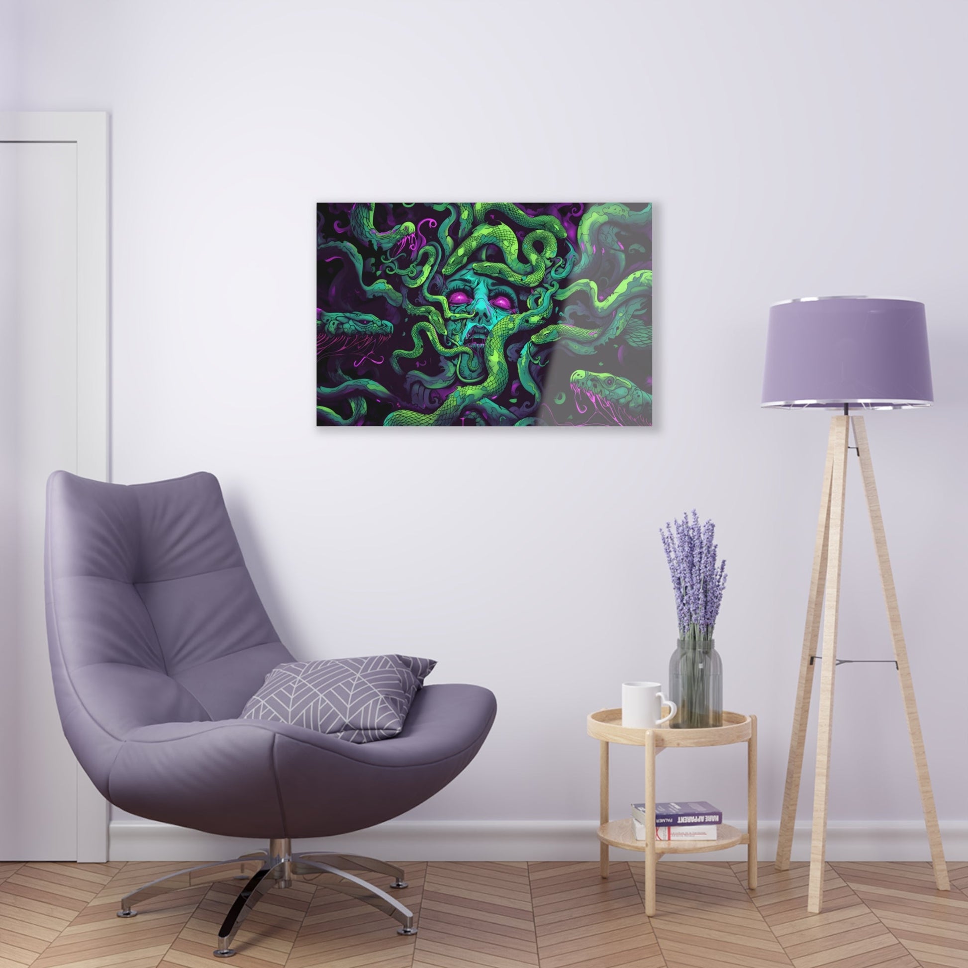 Horizontal-oriented artwork: An eerie digital illustration depicting the mythical figure Medusa, with vivid green and purple hues. Medusa's captivating gaze is surrounded by swirling, eldritch energies, evoking an aura of mystery and allure.