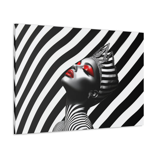 Horizontal-oriented wall art: "Majestic Symmetry" A stunning Black queen adorned with a jeweled crown poses against a bold black-and-white striped background, accented by vibrant red lips and eyeshadow. This geometric abstract artwork highlights regal elegance and cultural empowerment with striking modern precision.