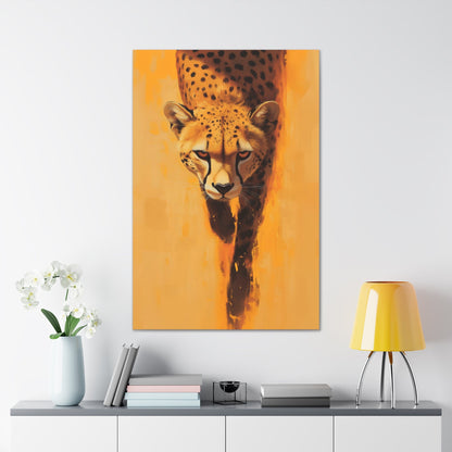 Vertical-oriented wall art: A striking portrait of a cheetah, set against a vibrant orange background, captures the animal’s focused gaze and sleek body as it moves forward. The minimalistic backdrop with dynamic brushstrokes accentuates the cheetah’s speed and agility, while its realistic details stand out in contrast to the abstract surroundings.