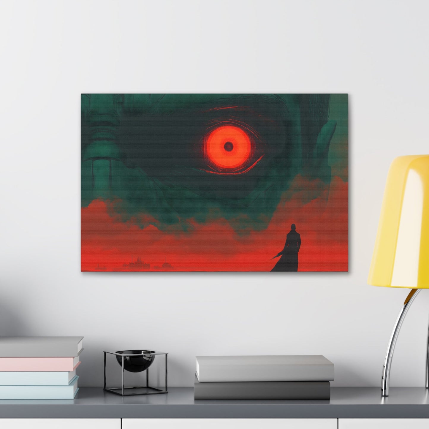 Horizontal-Oriented wall art: A lone hero stands before a massive, glowing red eye that dominates the dark, ominous landscape, symbolizing the looming threat of the final boss. The intense contrast of deep greens and fiery reds heightens the tension, capturing the moment before an epic battle.