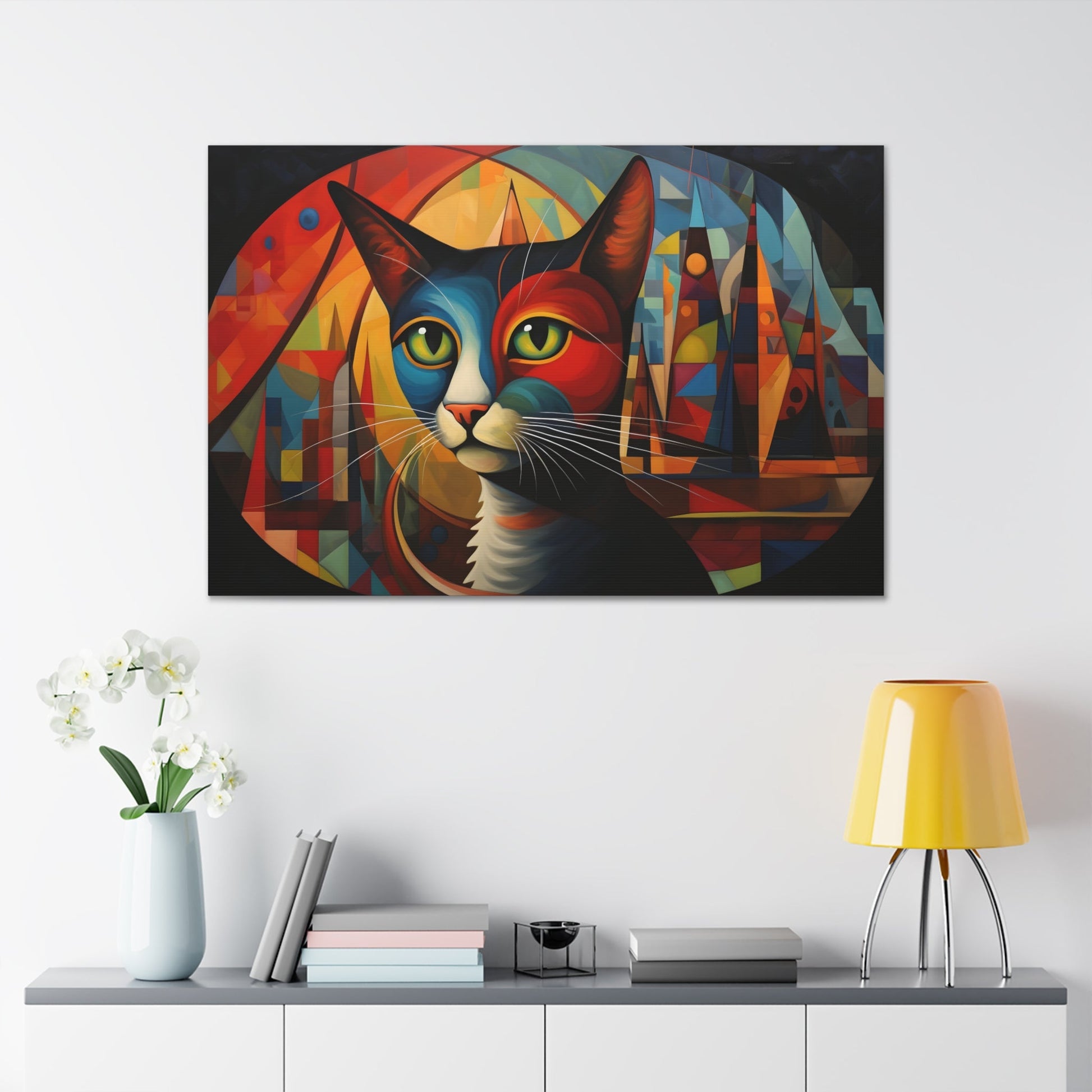 Horizontal-oriented wall art: A vibrant, abstract portrayal of a cat featuring dynamic angles and bold geometric shapes, rendered in rich, saturated colors. The composition captures the essence of the feline’s curiosity and grace, offering a modernist perspective on the animal world.