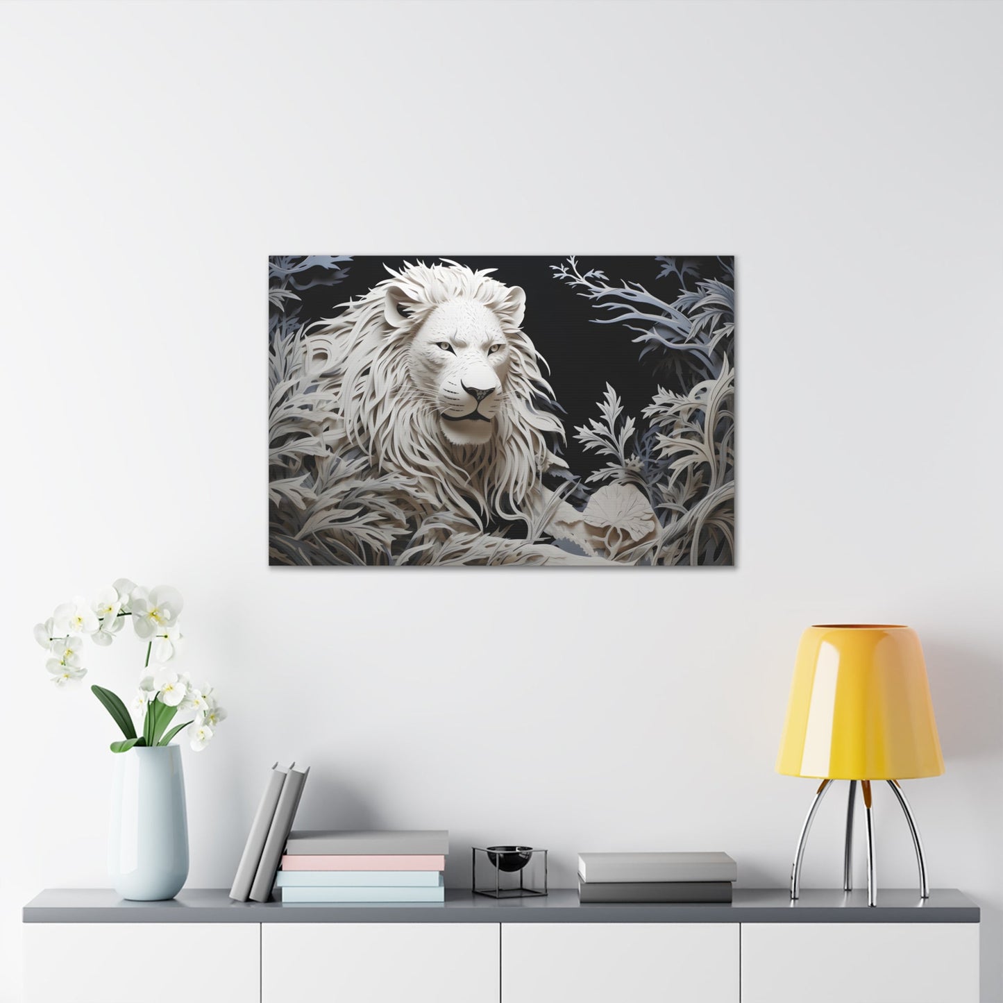 Horizontal-oriented wall art: Celebrate the majestic beauty of the lion with 'Cut to the King,' a stunning piece from our Wildlife Whims collection. This paper cutout inspired artwork captures the regal essence of the king of the jungle, with exquisite details and vibrant colors, adding a touch of the wild to your space.