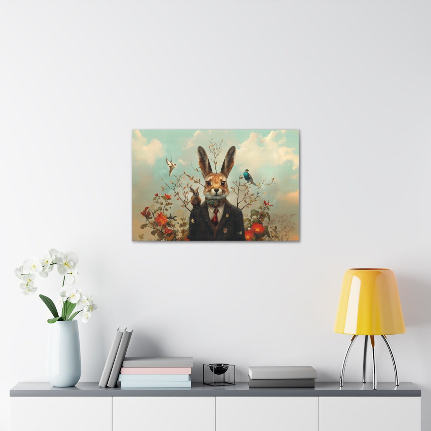 Horizontal-oriented wall art: A surreal photorealistic artwork featuring a white monkey dressed in a red top and brown boots riding a white alpaca through shallow water in the desert. The monkey is accompanied by a red bird and a white parrot, all under a cloudy blue sky.