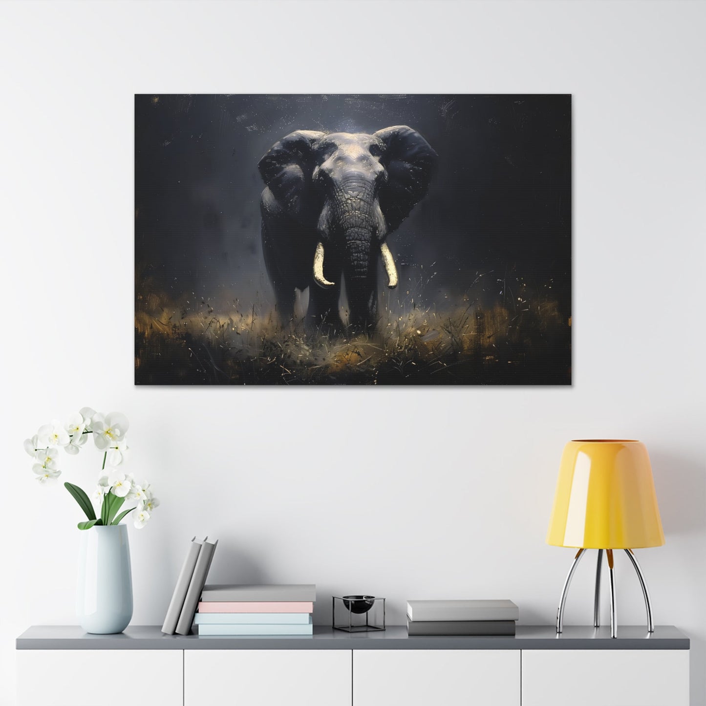 Horizontal-oriented wall art: Elephant's Shadow from the Darklight Bestiary collection depicts a majestic elephant inspired by Chiaroscuro painting technique. The interplay of light and shadow highlights the elephant's powerful form, creating a dramatic and captivating visual experience.