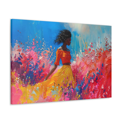 Horizontal-oriented artwork: An abstract palette knife oil painting featuring a woman walking through a colorful landscape of swirling paint splashes and vibrant hues.