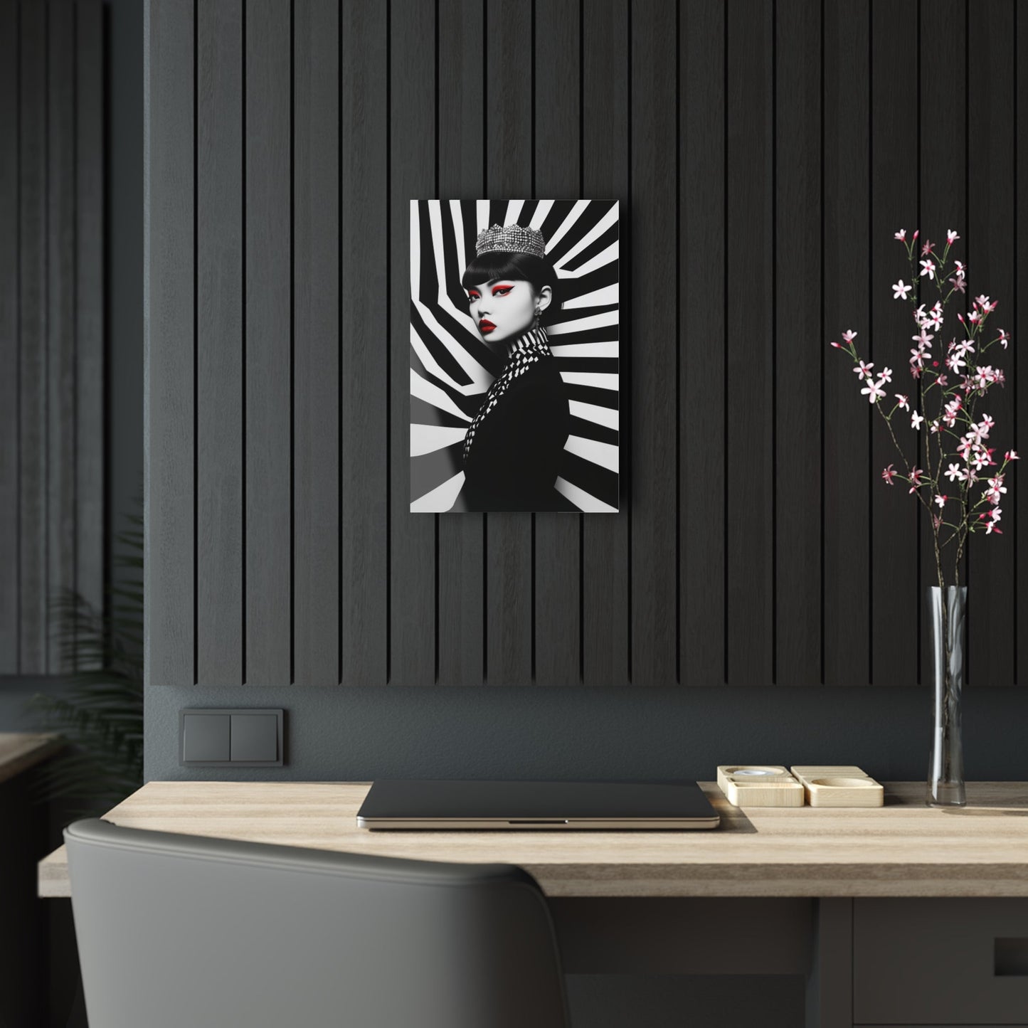 Vertical-oriented wall art: "Empress of Symmetry II" A striking portrait of an elegant Asian queen wearing a jeweled crown, set against a dynamic black-and-white geometric background with vivid red accents. This bold artwork combines regal sophistication with modern design, showcasing a captivating fusion of power and beauty.