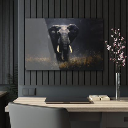 Horizontal-oriented wall art: Elephant's Shadow from the Darklight Bestiary collection depicts a majestic elephant inspired by Chiaroscuro painting technique. The interplay of light and shadow highlights the elephant's powerful form, creating a dramatic and captivating visual experience.