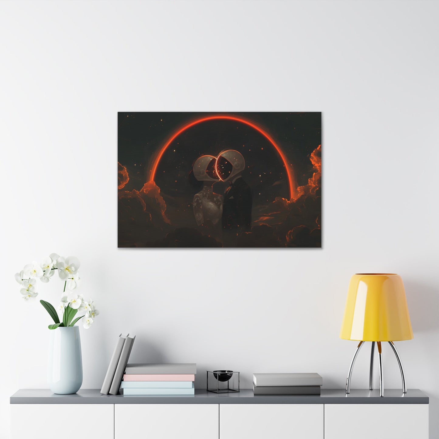 Horizontal-oriented wall art: Two astronauts, dressed in a tuxedo and a wedding dress, share a romantic kiss in space with their helmets forming a glowing heart shape. The dark, starry sky and the bright, orange-red halo create a whimsical and dreamy atmosphere.