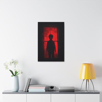 Vertical-oriented wall art: "Shadows in the Mist II." A shadowy child-like figure with glowing red eyes stands against a crimson-illuminated window, shrouded in red mist and black silhouettes, evoking an eerie and supernatural atmosphere.