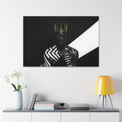 Horizontal-oriented wall art: "Crown of Dignity III" A striking portrait of a regal figure wearing a metallic gold crown, adorned in bold black and white geometric patterns. The artwork captures a modern, dignified presence, blending contemporary abstraction with royal elegance against a high-contrast background.