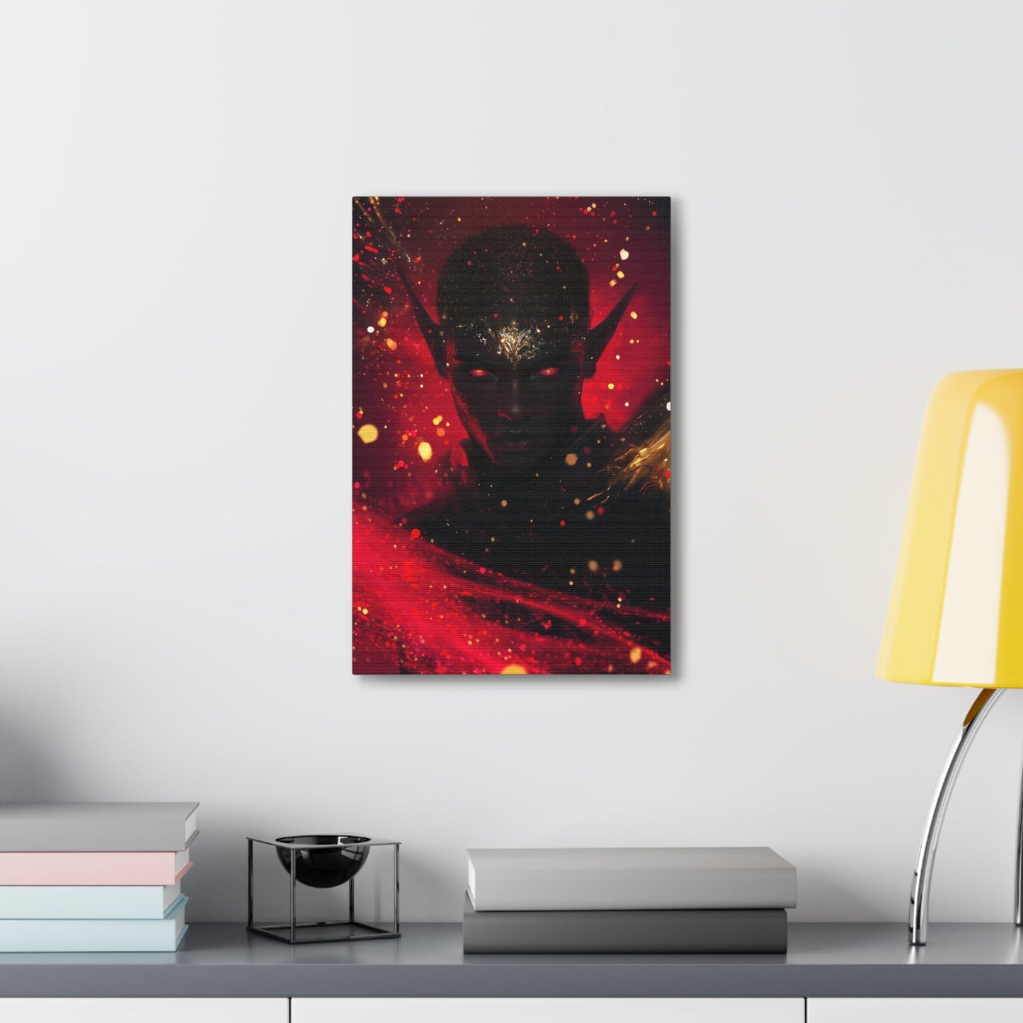 Horizontal-oriented wall art: "Obsidian Elegance" A striking portrait of a black elf with glowing red eyes and intricate gold accents adorning their forehead, set against a fiery background of vibrant red and gold hues. The artwork radiates an aura of power, mystery, and elegance, capturing the essence of ethereal beauty.