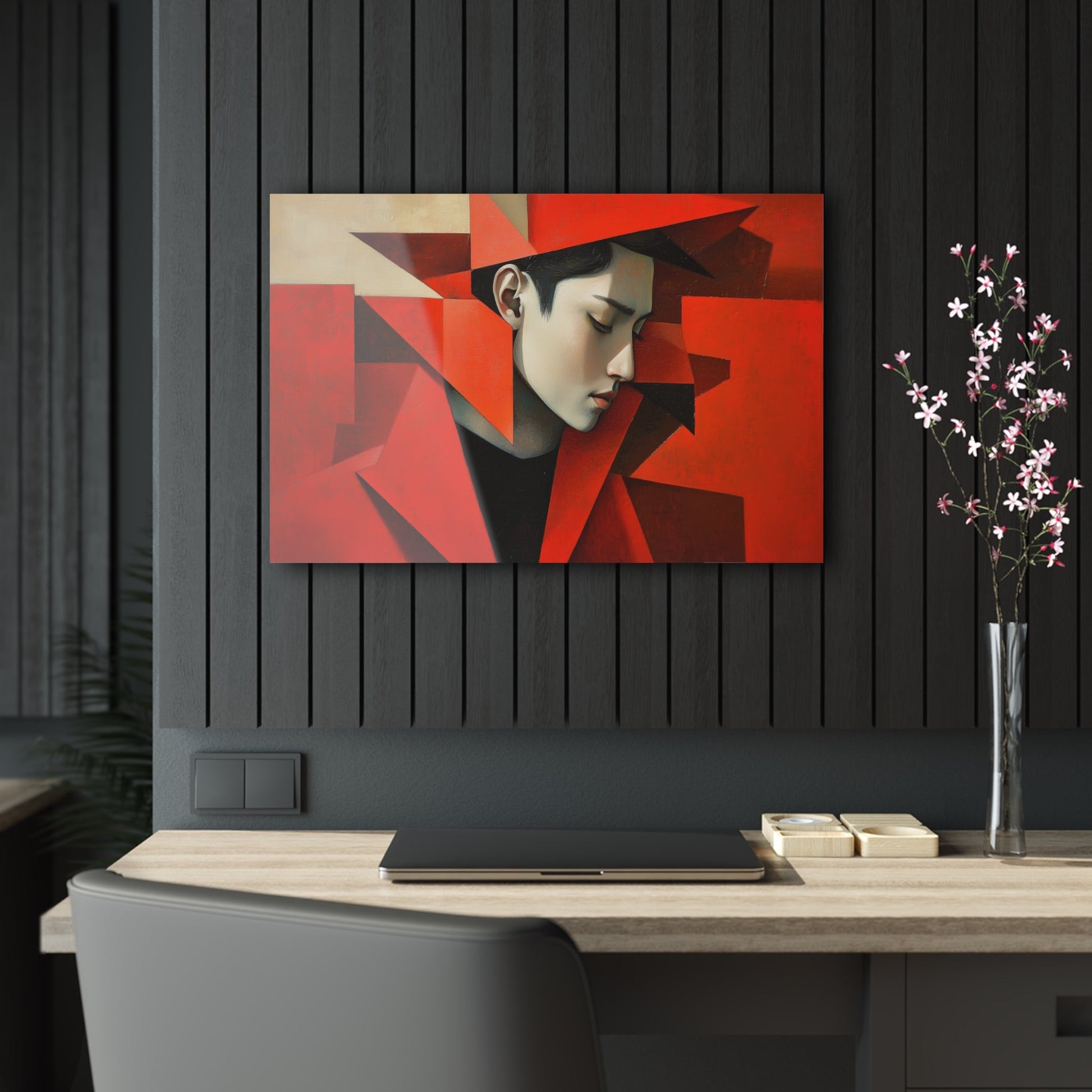 Horizontal-oriented wall art: "Refined in Fragments." A high-fashion Asian male is depicted in a Cubist style, with bold angular red geometric shapes framing his contemplative profile. The soft dramatic lighting contrasts with vivid red tones, creating an expressive and sophisticated composition.