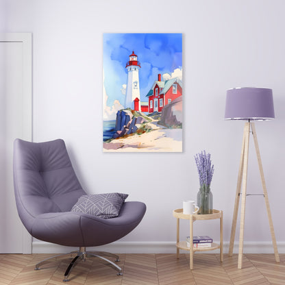 Vertical-oriented wall art: A watercolor-style painting of a lighthouse perched on rocky cliffs overlooking a vast ocean. The sky is painted in shades of blue with wispy white clouds, and the rugged coastline is depicted in intricate detail.