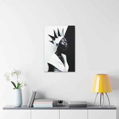 Vertical-oriented wall art: "Majestic Symmetry II" A striking portrait of a modern Black queen with a sharp geometric crown, set against a bold monochromatic background. The artwork highlights her regal elegance and symmetry, blending contemporary design with timeless sophistication.