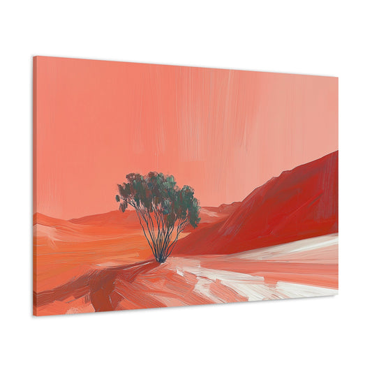 Horizontal-oriented wall art: Landscape artwork titled Sands of Serenity from the Bold Horizons collection, depicting a solitary tree in a vibrant desert with coral pink skies and earthy sand tones. The piece features bold brushstrokes and a minimalist composition, evoking tranquility and resilience.