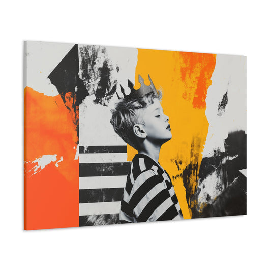 Horizontal-oriented wall art: "The Crowned Dreamer" Artistic depiction of a young prince wearing a crown, set against a bold and vibrant geometric abstract background with collage-like textures. The piece features striking contrasts of black, white, and vivid yellow and orange, emphasizing the prince's profile in a modern, regal style