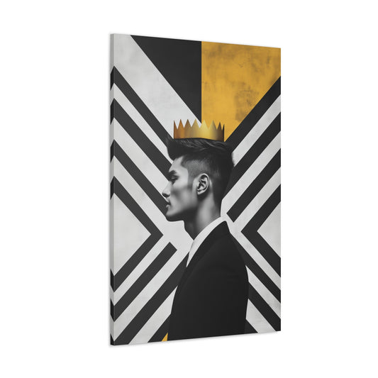 Vertical-oriented wall art: "Crown of Balance" A profile view of an Asian king wearing a golden crown, set against a bold geometric black-and-white background with yellow accents. The artwork embodies modern royalty and precision with striking contrasts and regal elegance.