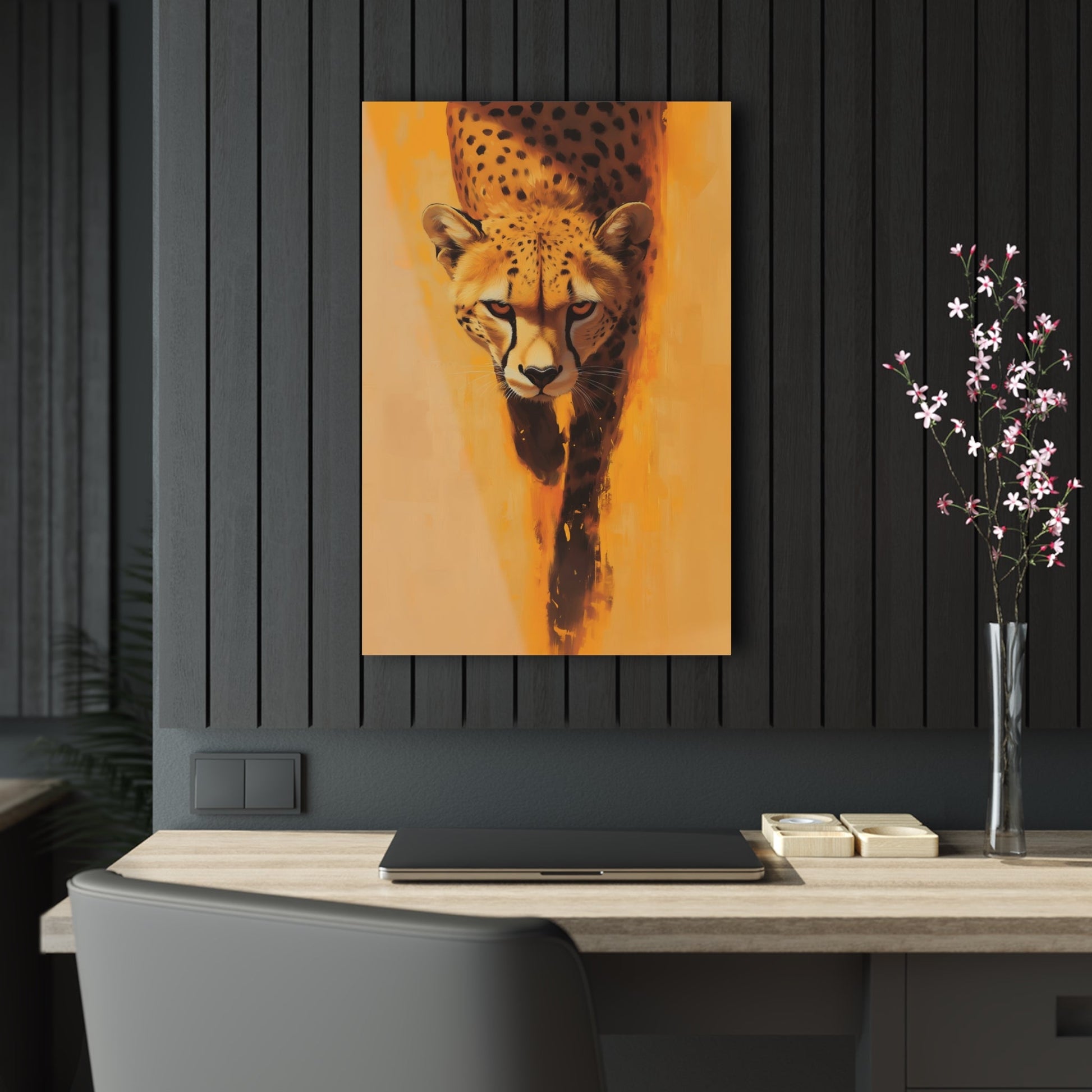 Vertical-oriented wall art: A striking portrait of a cheetah, set against a vibrant orange background, captures the animal’s focused gaze and sleek body as it moves forward. The minimalistic backdrop with dynamic brushstrokes accentuates the cheetah’s speed and agility, while its realistic details stand out in contrast to the abstract surroundings.